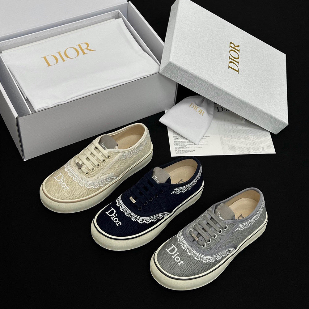 Dior Saltwind Round Toe Lace-up Embroidery Colorful Lace Low-top Canvas Shoes #380451