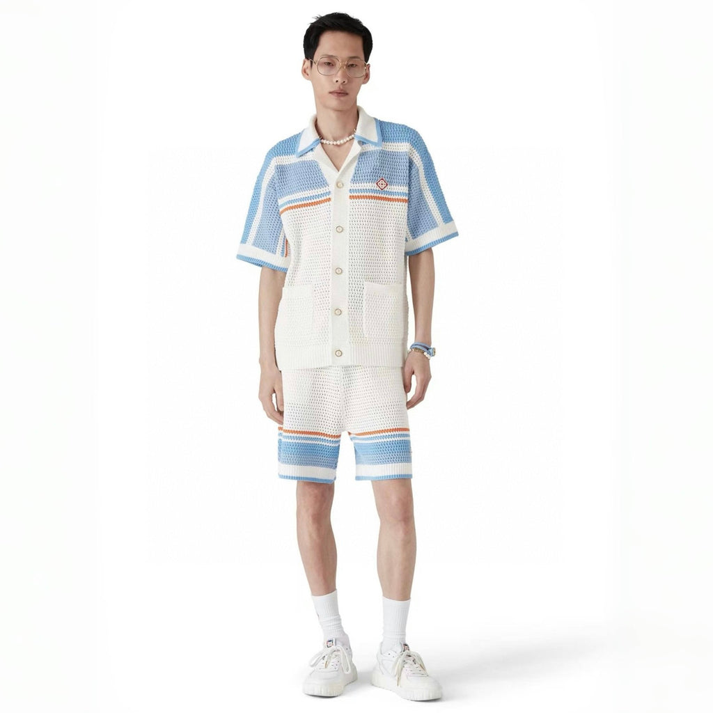 Casablanca Men's Summer Striped Printed Crochet Knit Single Breasted Short Sleeved Shirt And Casual Drawstring Shorts Set Suit #77391