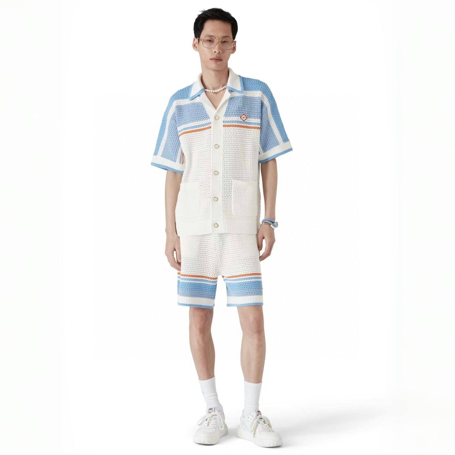 Casablanca Men's Summer Striped Printed Crochet Knit Single Breasted Short Sleeved Shirt And Casual Drawstring Shorts Set Suit #77391