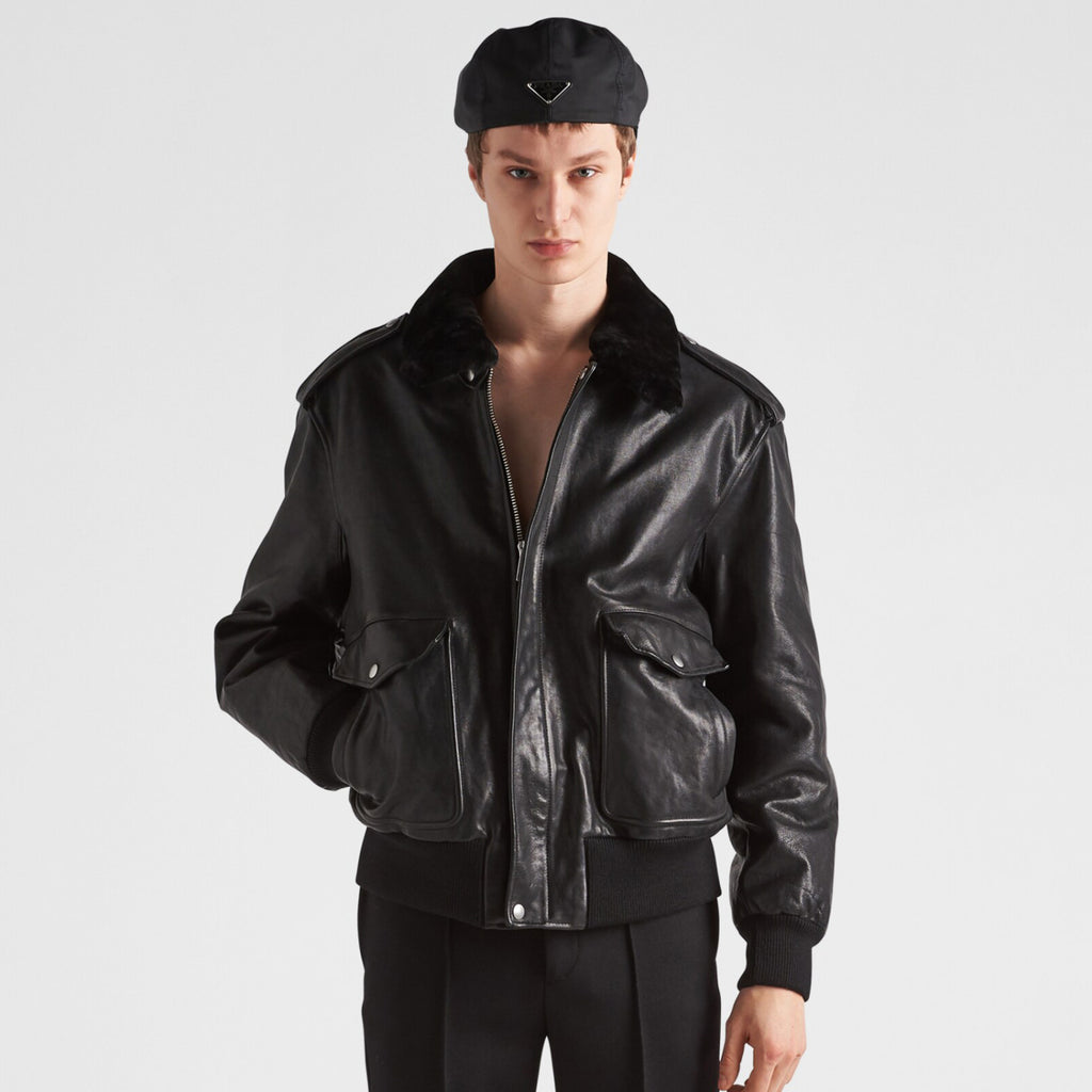 Prada Men's Autumn Winter Black Hair Collar Zip Leather Long Sleeve Jacket #99477