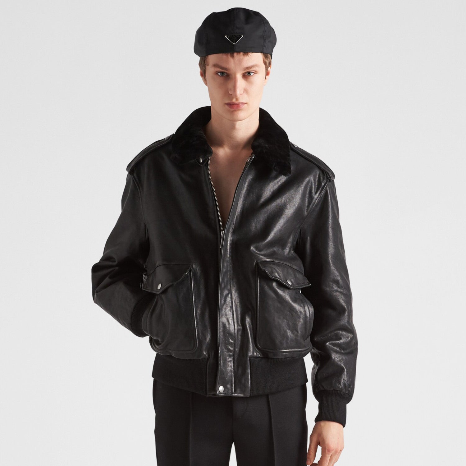 Prada Men's Autumn Winter Black Hair Collar Zip Leather Long Sleeve Jacket #99477