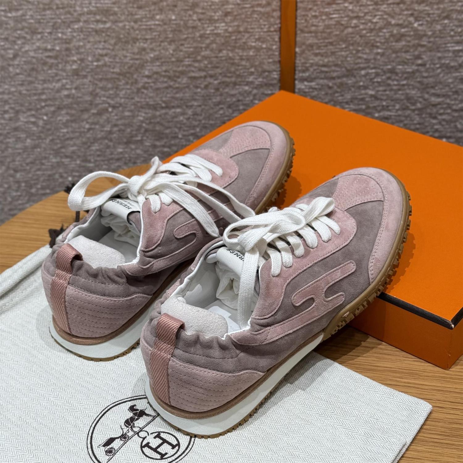 Hermes Jet Women's Four-Season Color-Blocked Suede Fabric Rubber Sole Low-Top Lace-Up Sneakers Shoes #77573