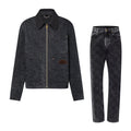 Louis Vuitton Men's Spring And Fall Black Embossed Pattern Stitching Zipper Long Sleeved Denim Jacket Plaid Casual Jeans Pants Suit Set #74288