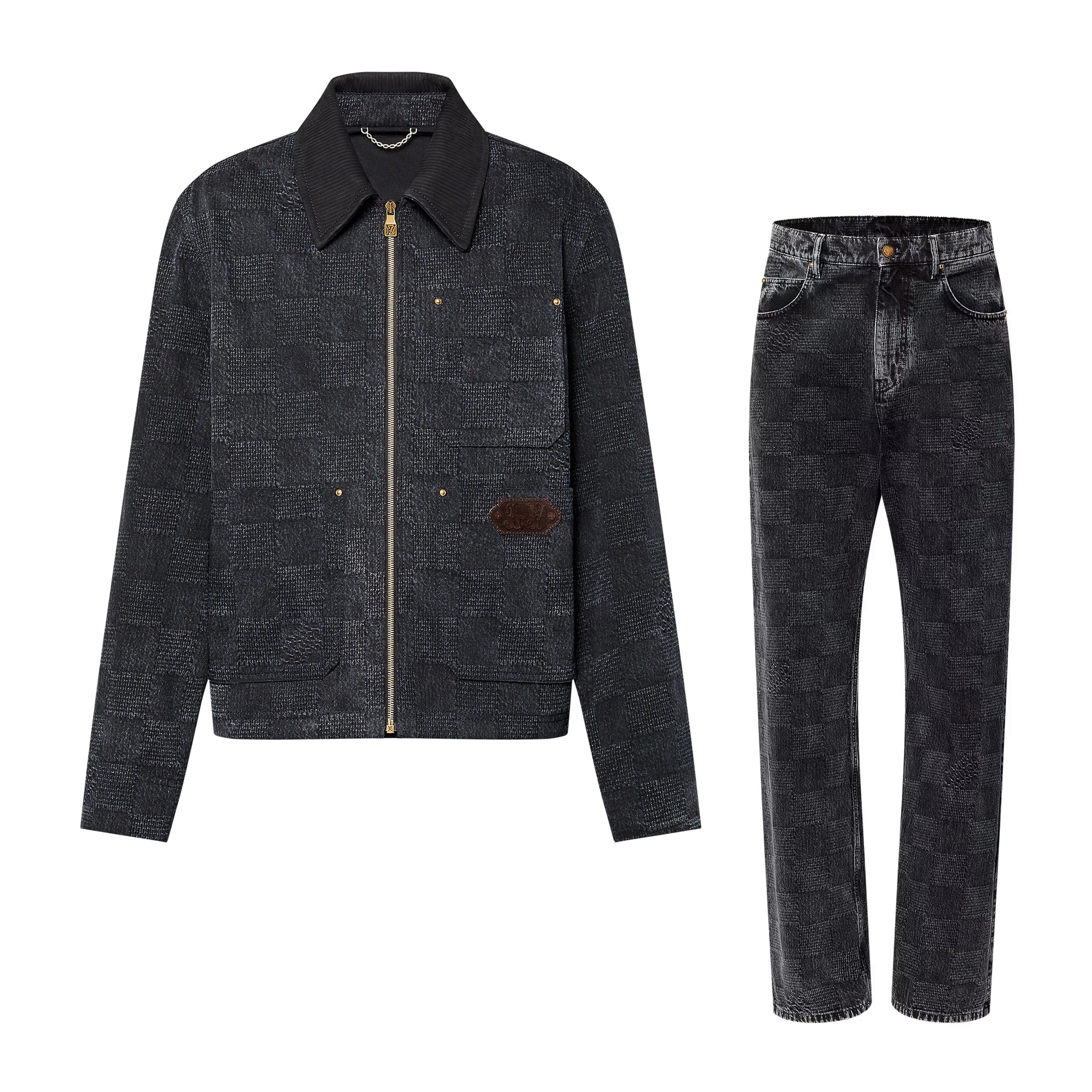Louis Vuitton Men's Spring And Fall Black Embossed Pattern Stitching Zipper Long Sleeved Denim Jacket Plaid Casual Jeans Pants Suit Set #74288