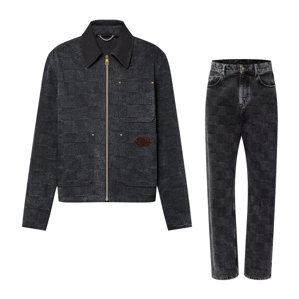 Louis Vuitton Men's Spring And Fall Black Embossed Pattern Stitching Zipper Long Sleeved Denim Jacket Plaid Casual Jeans Pants Suit Set #74288