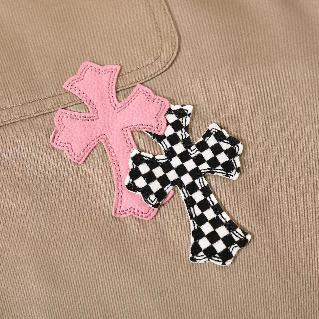 Chrome Hearts Men's Spring/Fall Casual Style Checkered Collar Single-Breasted Solid Color Shirt Jacket Set with Relaxed Fit Workwear Pants #78854