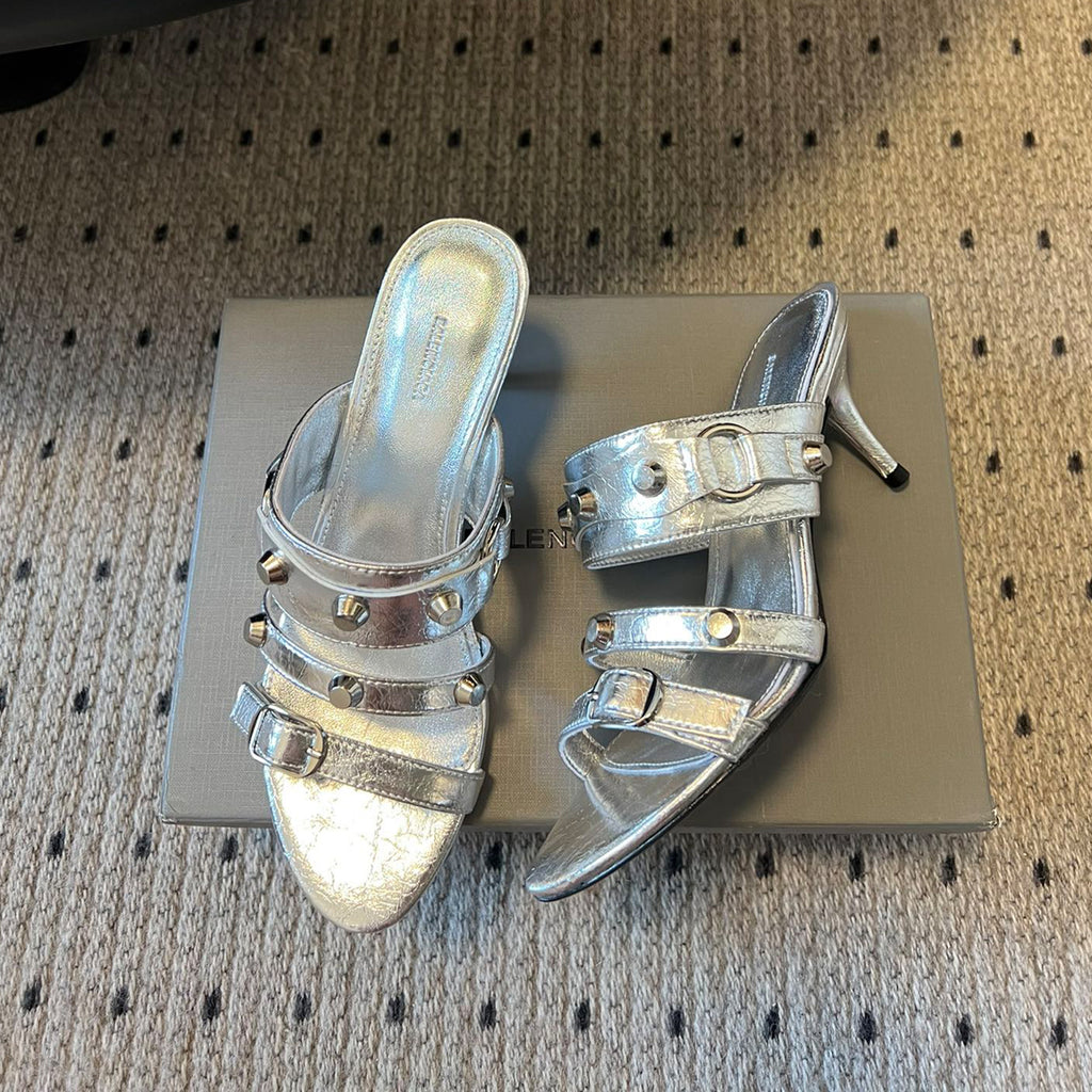 Balenciaga Women's Metal Rivet Decorated Sandals Fine Heeled High Heels Fashion Sexy Solid Colour Basic Slippers Shoes Heel High 8.5cm Ngvp #1466