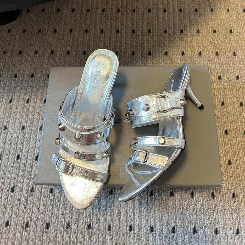 Balenciaga Women's Metal Rivet Decorated Sandals Fine Heeled High Heels Fashion Sexy Solid Colour Basic Slippers Shoes Heel High 8.5cm Ngvp #1466