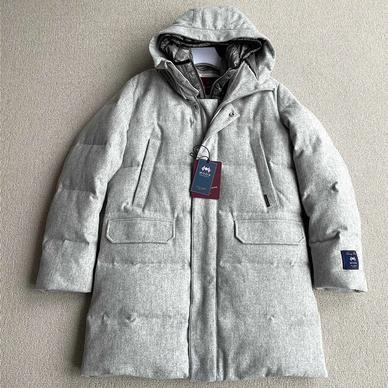 Montecore Men's Autumn And Winter Coat Casual Hooded  Zipper Stand Up Collar Wool Fabric Long Style Puffer Down Jacket Ngvp #7454