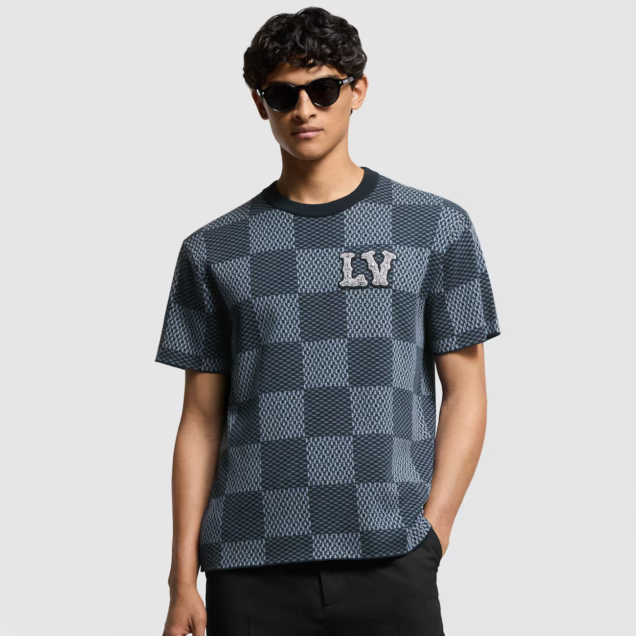 Louis Vuitton Men's and Women's Summer Checkerboard Printed Beaded Logo Printed Round Neck Short Sleeve T-Shirt #75187