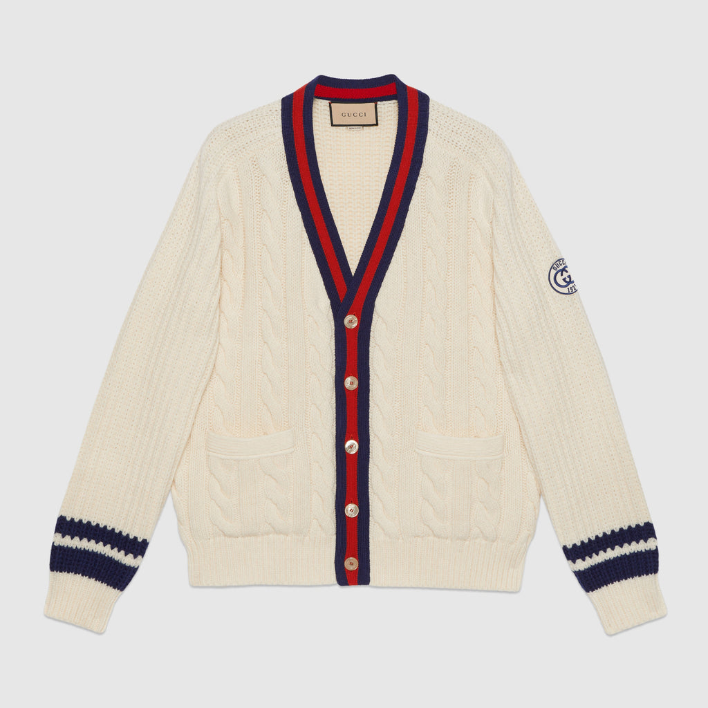 Gucci Men's Beige Colour Block Stripe V-Neck Single Breasted Long Sleeve Knitted Cardigan #97871