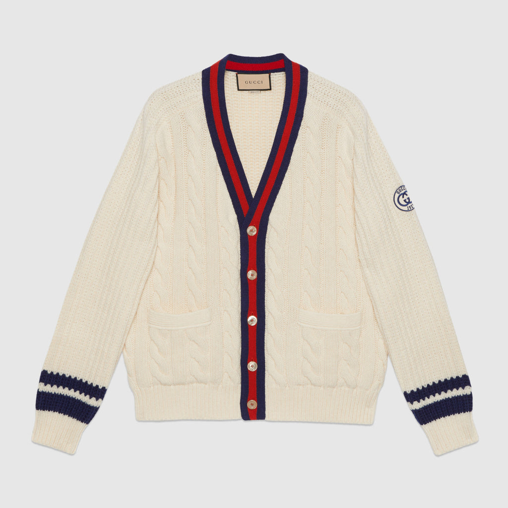 Gucci Men's Beige Colour Block Stripe V-Neck Single Breasted Long Sleeve Knitted Cardigan #97871