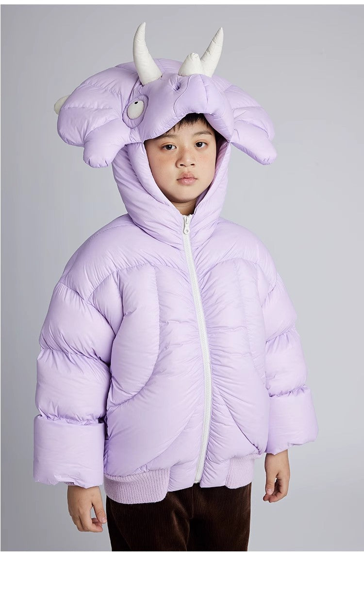 Kid's Autumn And Winter Solid Color Triceratops Jacket Thickened Short Zipper Loose Hooded Puffer Down Jacket #31322