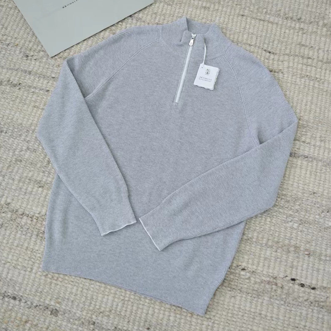 Brunello Cucinelli Men's British-Style Ribbed Cotton Knit Sweater Spring/Fall/Winter Half-Zip High-Neck Solid-Color Long-Sleeve Sweater Ngvp #2525