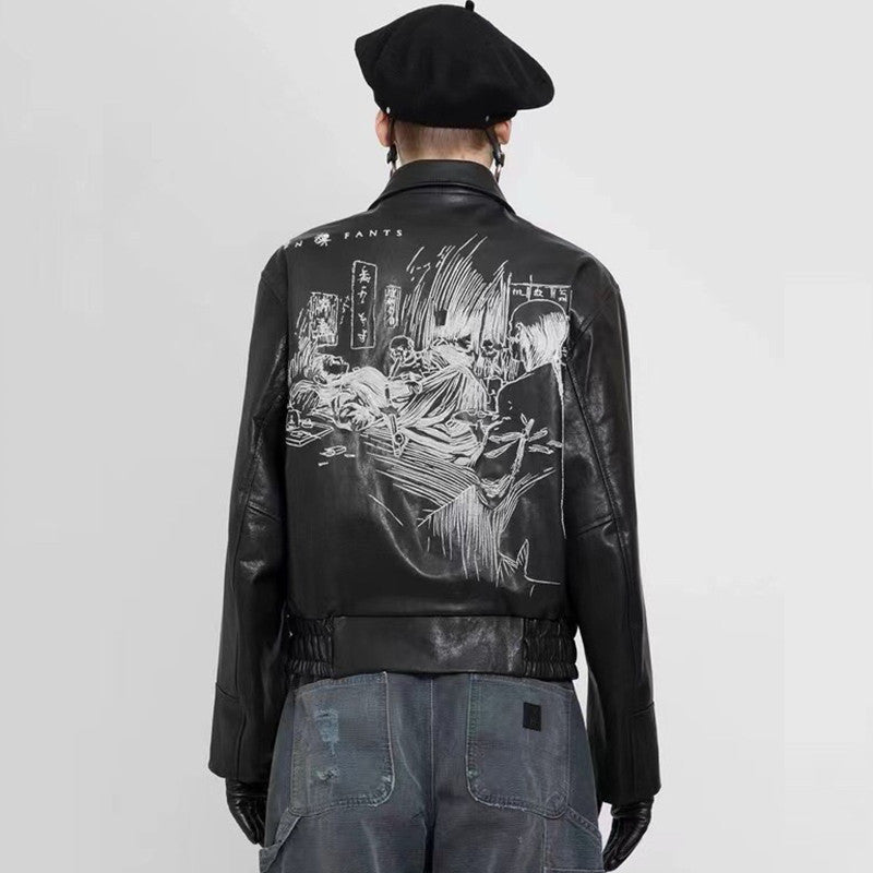 Enfants Riches Deprimes Men's Fall And Winter Black Fashion Trend High Street Goatskin Embroidery Lapel Zipper Leather Jacket Ngvp #7349