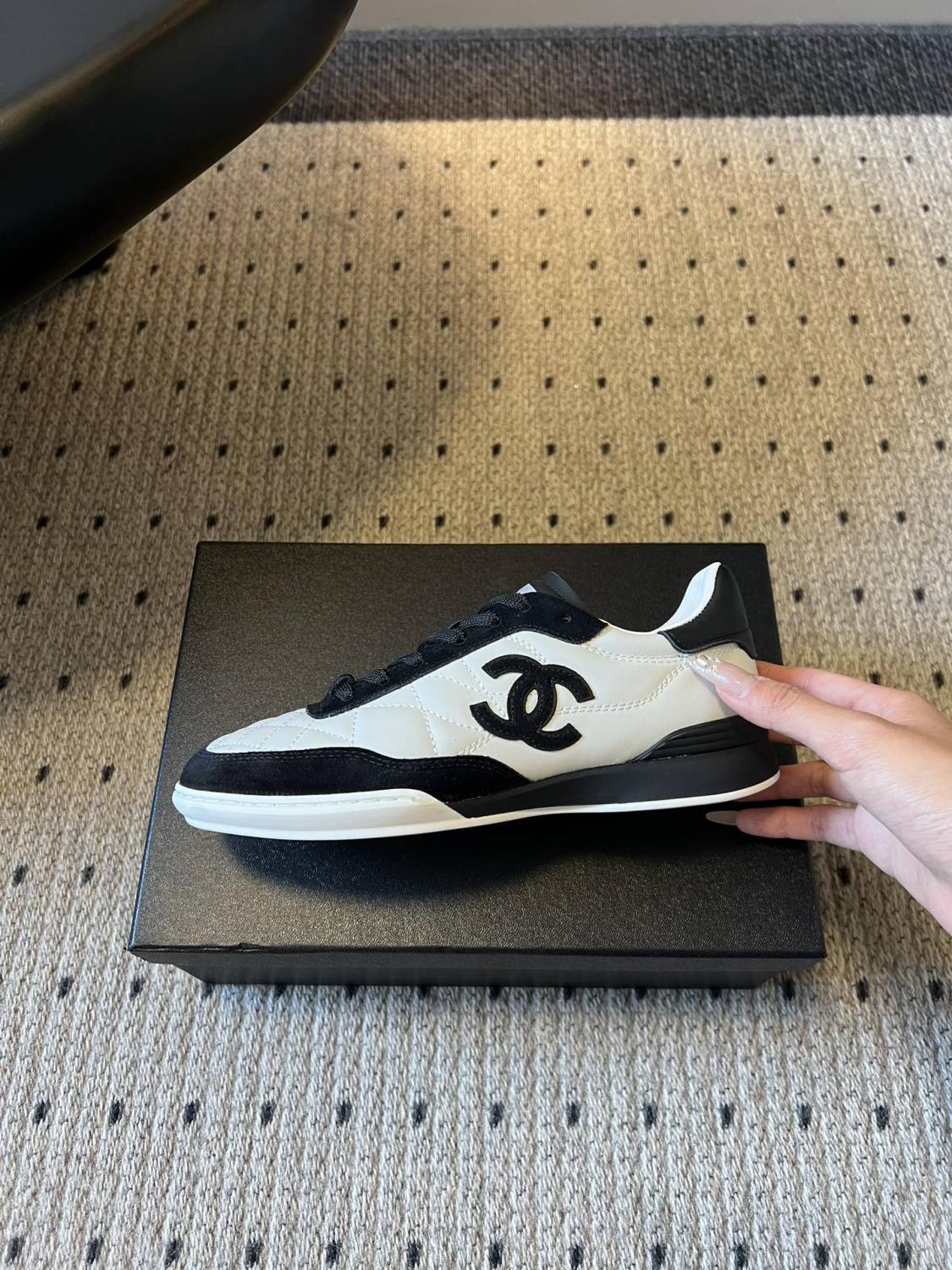 Chanel Trainers Calfskin Suede Kidskin White Black #377371