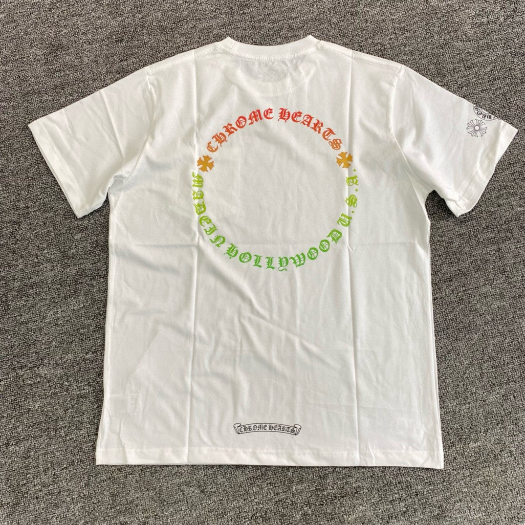 Chrome Hearts Men's Summer Colourful Sanskrit Print Solid Round Neck Cotton Short Sleeve T-Shirt #76815