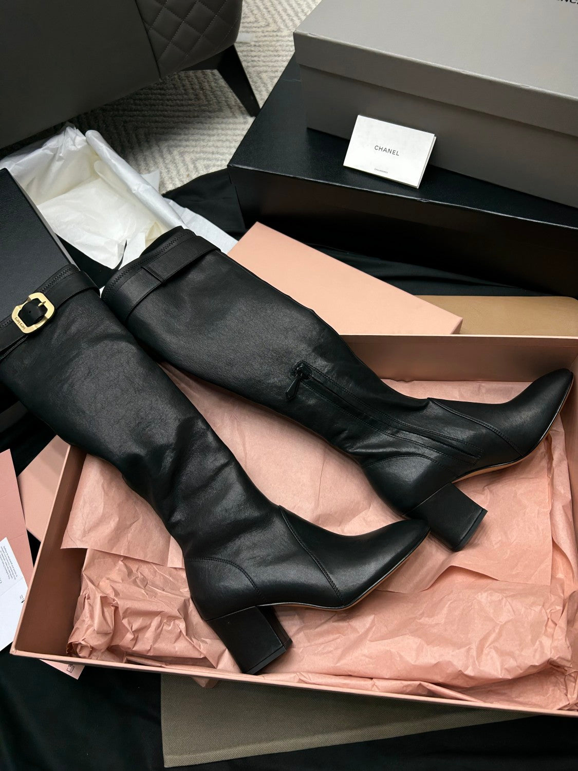 MiuMiu Women's Fall/Winter Fashion Classic Solid Color Leather Round Toe Sleeve Style Zipper Buckle Elastic Bare Leather Boots High Top Boots Shoes #79238