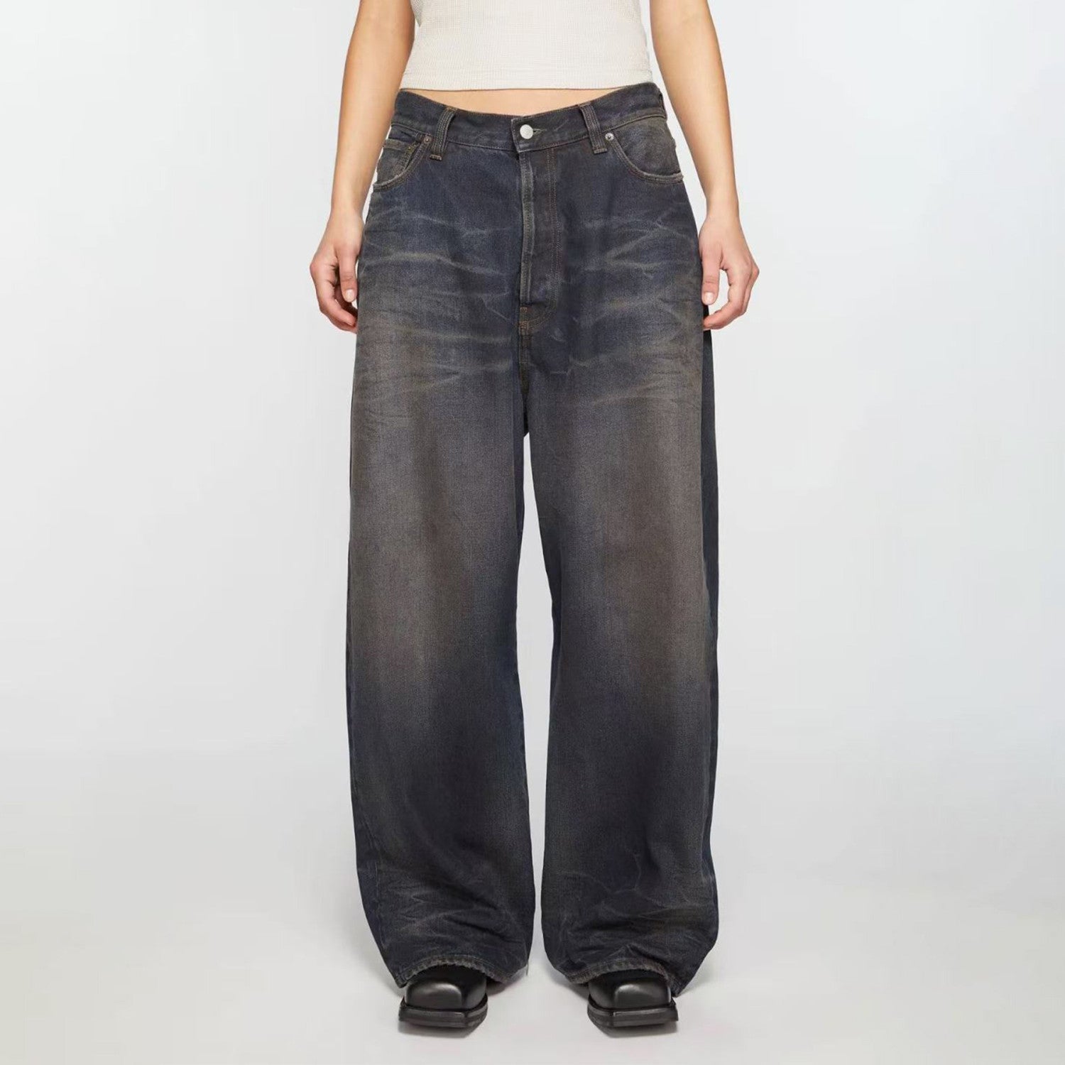 Acne Studios Men's Fall And Winter Dirty-dyed Old Metal Leather Pockets Washed Cat Whiskers Baggy Jeans Loose Wide-legged Pants Ngvp #2472