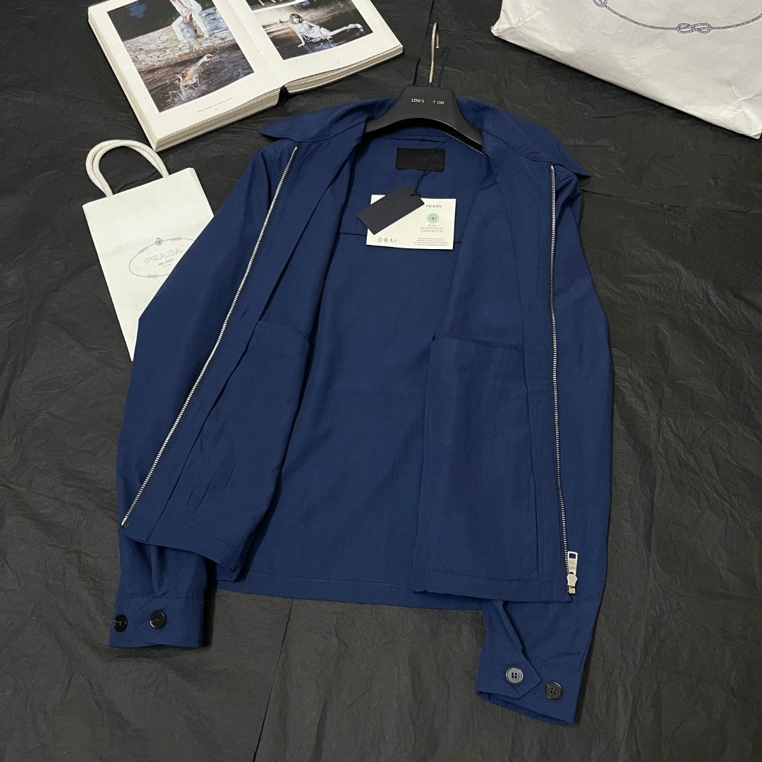 Prada Men's Spring/Fall Casual Fashion Solid Color Logo Collar Zipper Cotton Blend Long Sleeve Short Jacket #78559