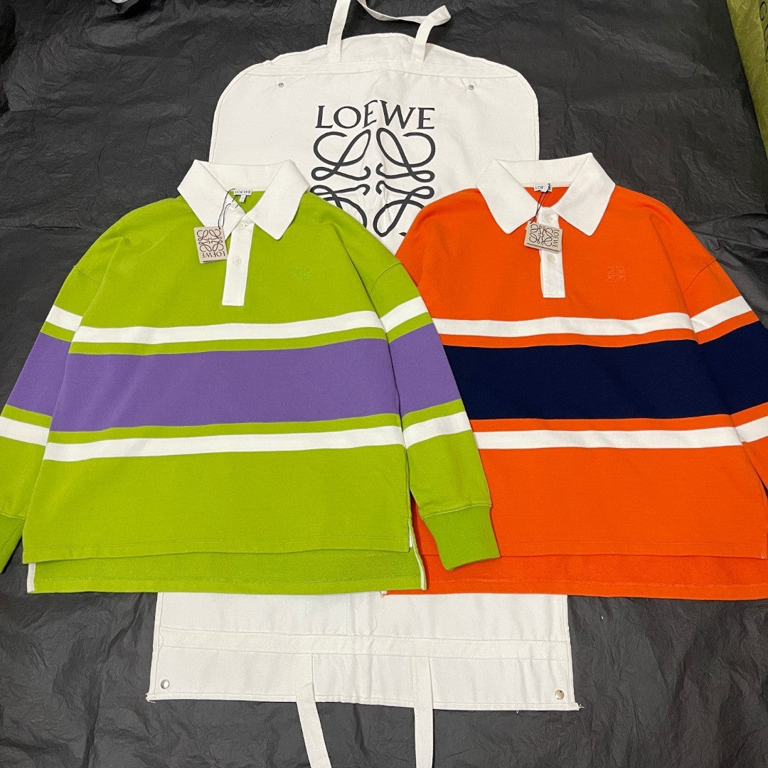 LOEWE FW25 Men's Cotton Horizontal Striped Logo Embroidered Long-Sleeved Polo Shirt #332269