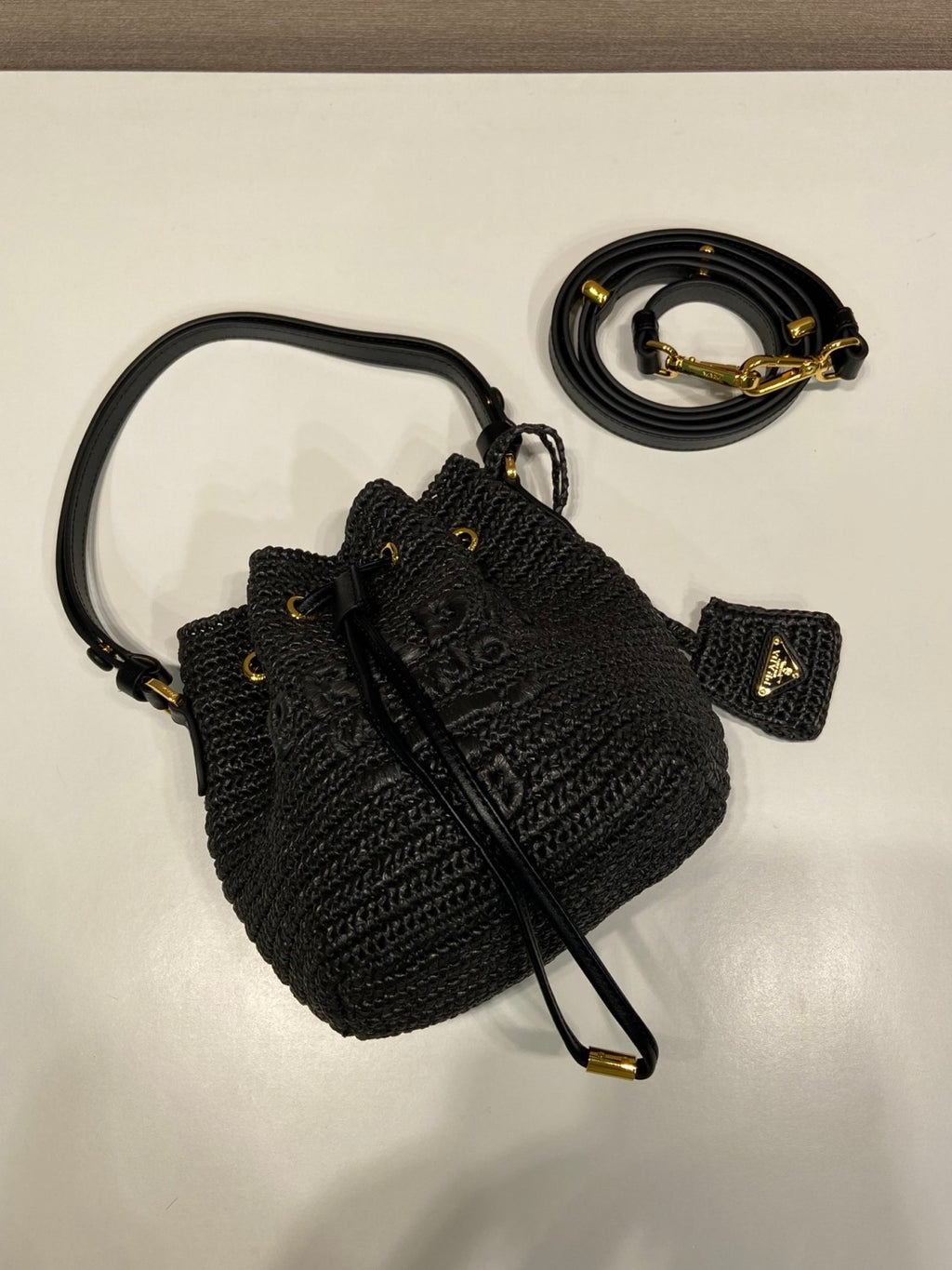 Prada Women's Logo Embroidered Adjustable Detachable Shoulder Strap Lafite Grass Patchwork Leather Bucket Bag Mini Handheld One Shoulder Crossbody Bag  Bags #196301