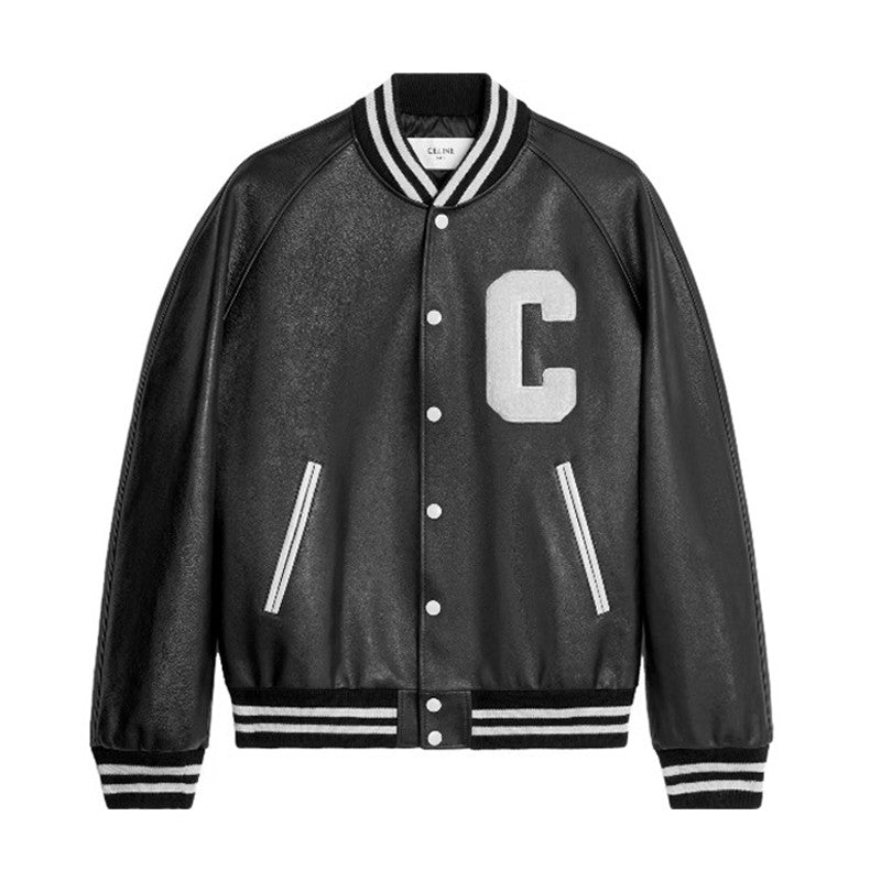 Celine Men's Fall And Winter Black And White Striped Monogrammed Labeled Single Breasted Leather Jacket #98457