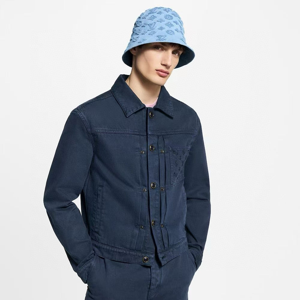 Louis Vuitton Men's Spring/Autumn Solid Colour Embroidered Letter Print Pocket Single-Breasted Long-Sleeved Denim Jacket and Casual Denim Trousers Pants Set Suit #77632