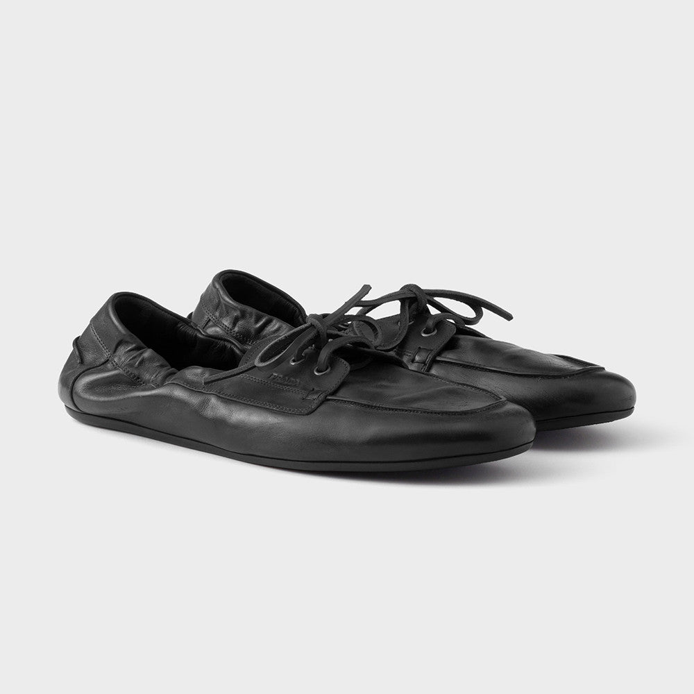 PRADA Shuffle Aged Canvas And Leather Boat Shoes #381722