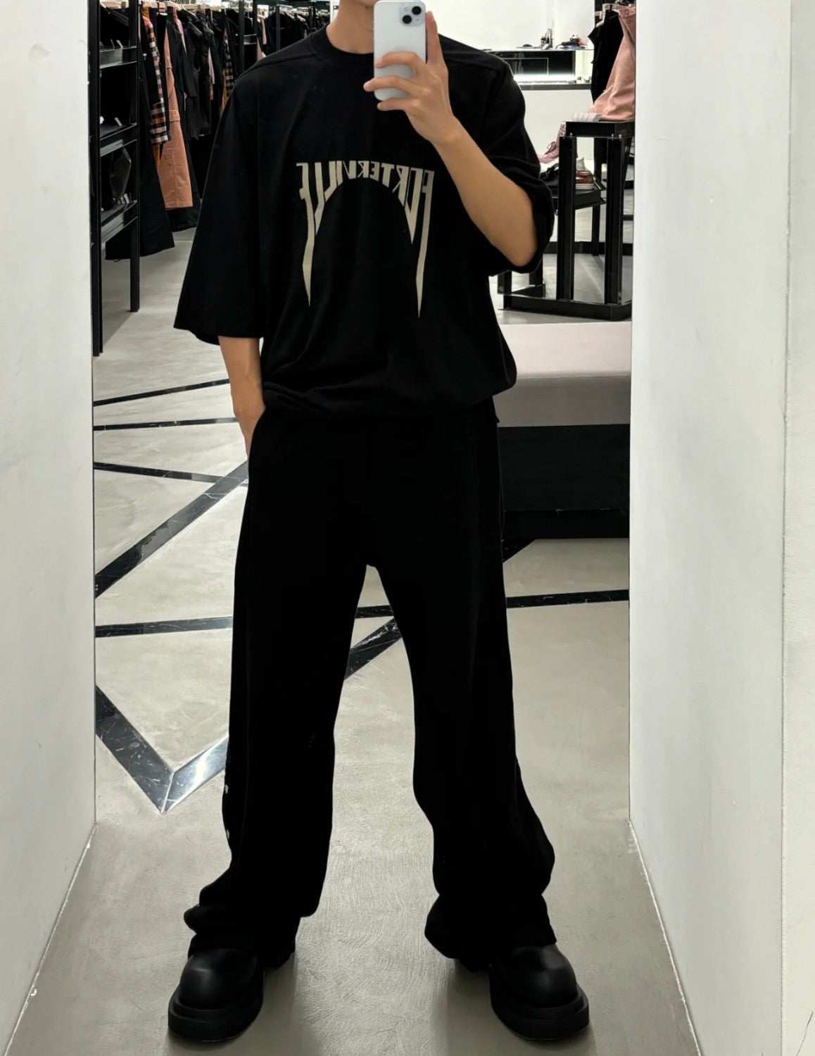 Rick Owens Men's Summer Embroidered Logo Round Neck Cotton Loose Black Short Sleeve T-Shirt Ngvp #9377