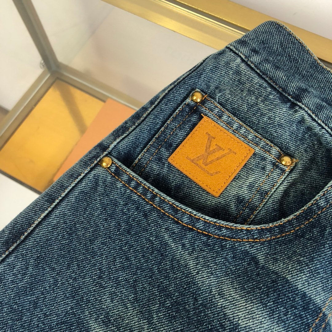 Louis Vuitton Men's Summer Solid Color Button Down Casual Jeans Pants #76481