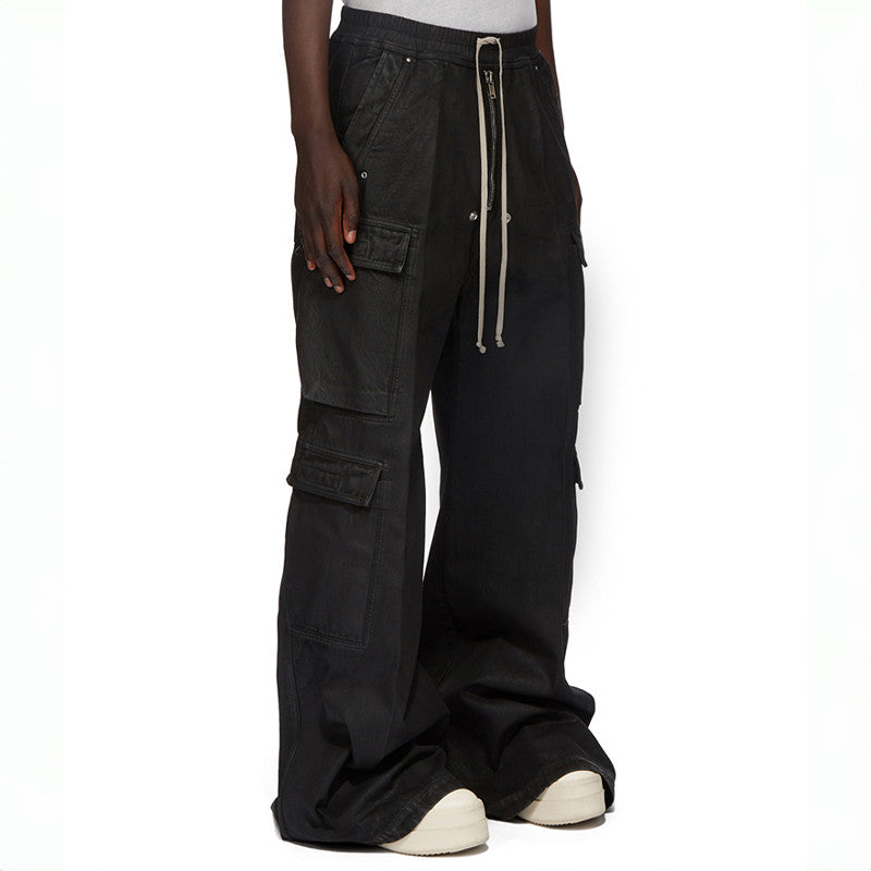 Rick Owens Men's High Street Four Seasons Batik Solid Color Stretch Lace-Up Workwear Flared Pants Casual Denim Trousers Pants Ngvp #1772