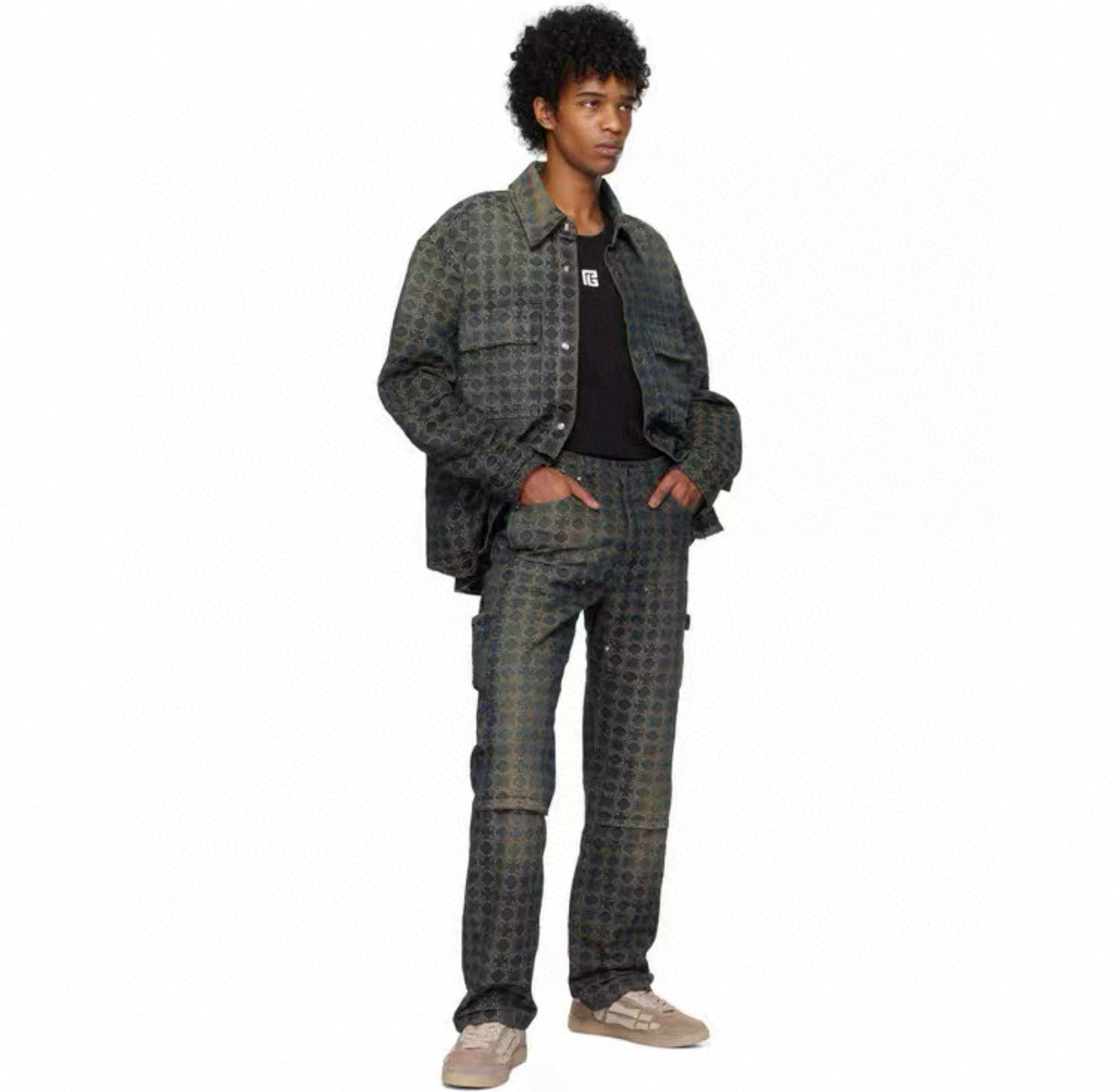 Amiri Men's All-Over Jacquard Denim Pants Four-Season Patchwork Solid-Color Cotton Straight-Leg Trousers Ngvp #2575