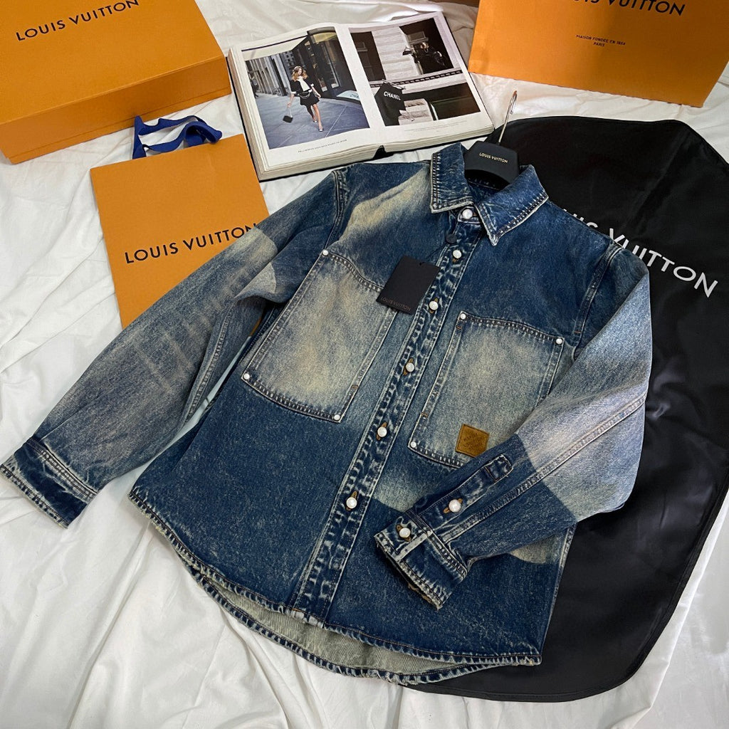 Louis Vuitton Men's Spring And Fall Blue Logo Badge Lapel Single Breasted Gradient Long Sleeved Shirt Jacket #75392