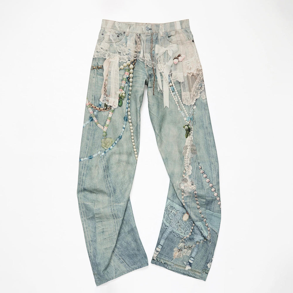 Acne Studios Men's & Women's Lace Pearl Chain 3D Print Four-Season Relaxed Mid-Rise Straight-Leg Curved Hem Denim Pants #81549