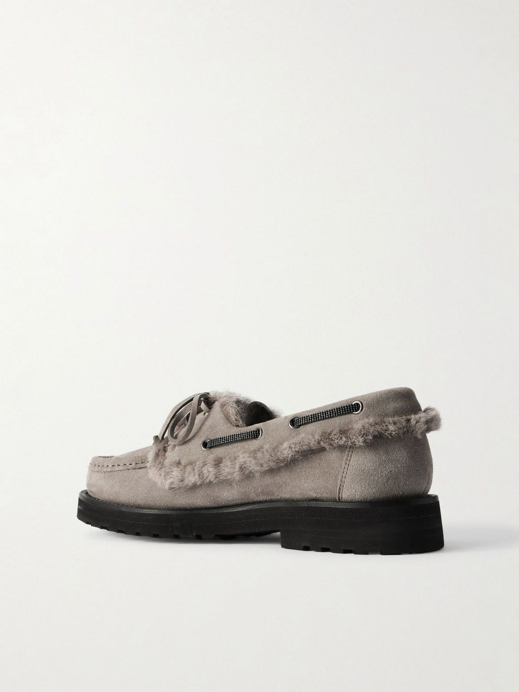 Brunello Cucinelli Bead Embellished Shearling Trimmed Suede Loafers #333658