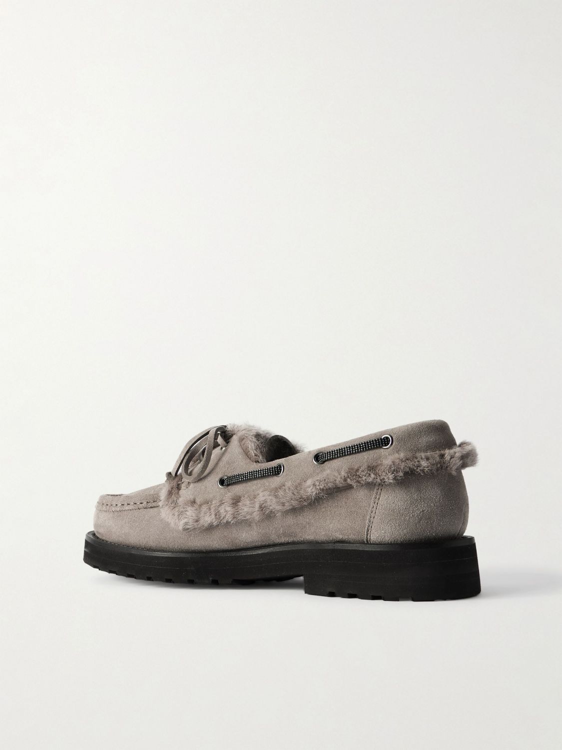 Brunello Cucinelli Bead Embellished Shearling Trimmed Suede Loafers #333658