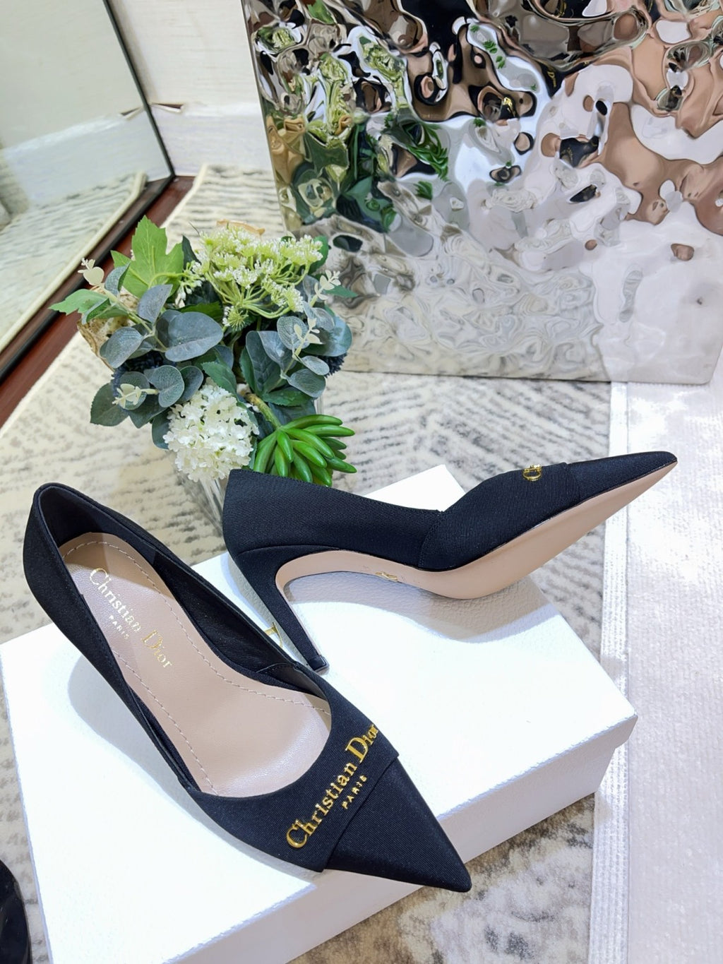Escarpin My Dior Women's Summer Gold Letter Print Solid Color Cowhide Pointed Toe 8cm High Heel Shoes #77215