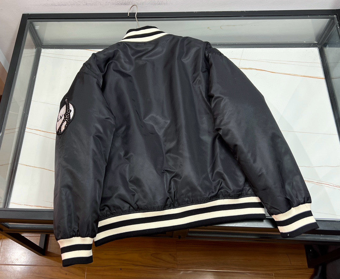 Louis Vuitton Men's Spring and Fall Black Striped Letter Single Breasted Jacket Embroidered Nylon Baseball Blouson #98379