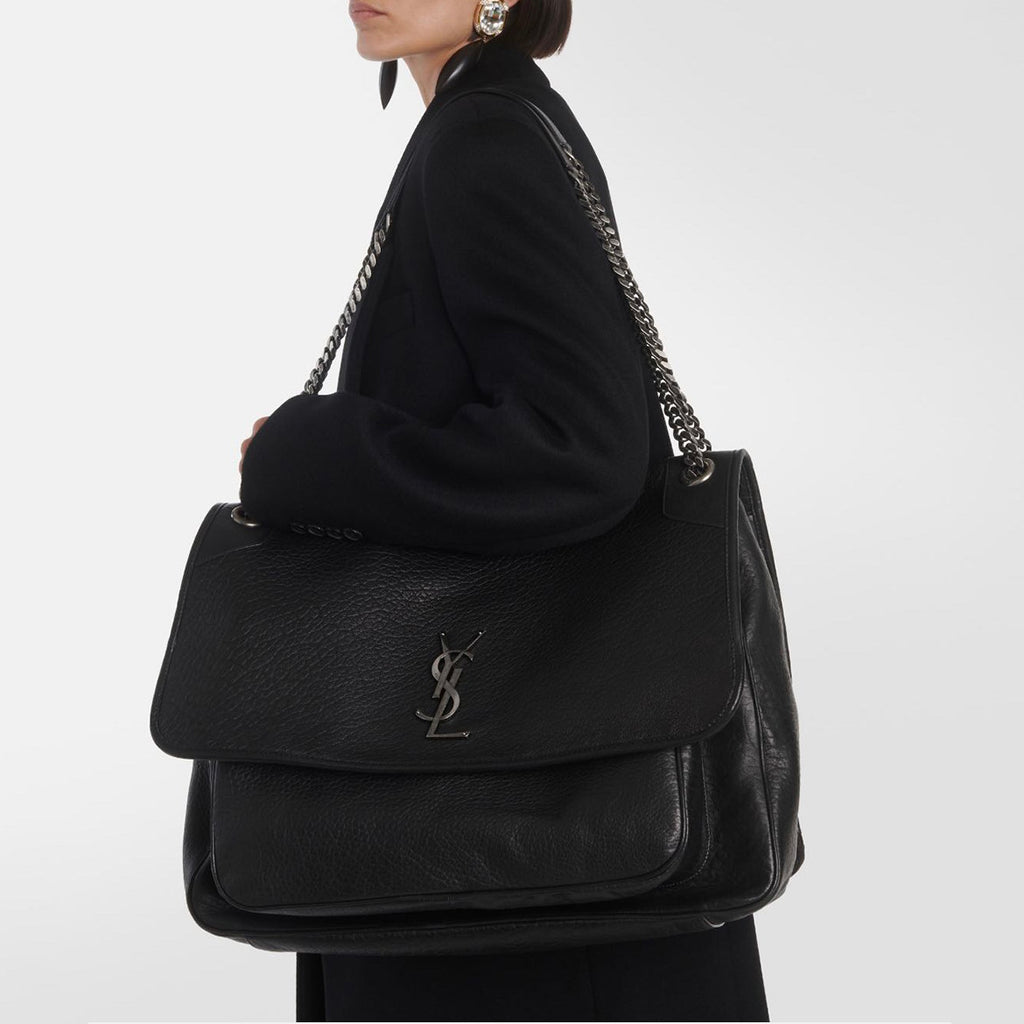 SAINT LAURENT Women's Monogram Logo Chain Grained Lambskin Niki Tote Vintage Black Oversized Bags #71456
