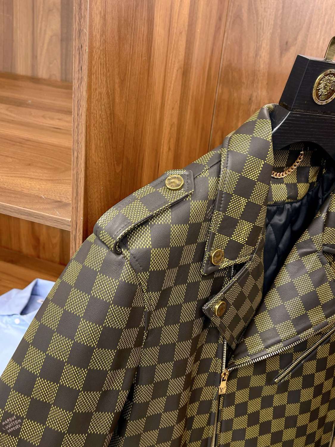 Louis Vuitton Men's Autumn and Winter Checkerboard Print Zipper Short Lapel Long Sleeve Leather Jacket #73267