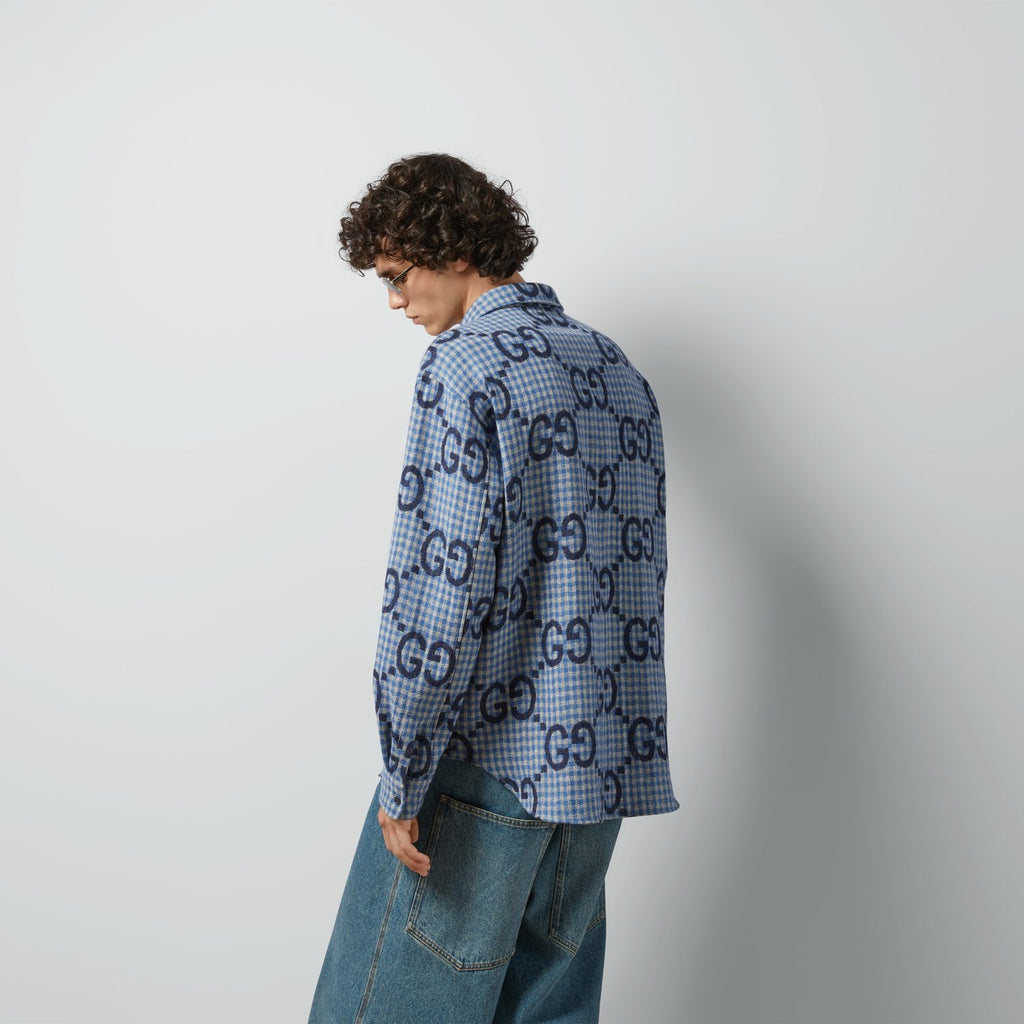 Gucci Men's Spring and Autumn Blue Letter Printed Single Breasted Long Sleeve Lapel Shirt #98873