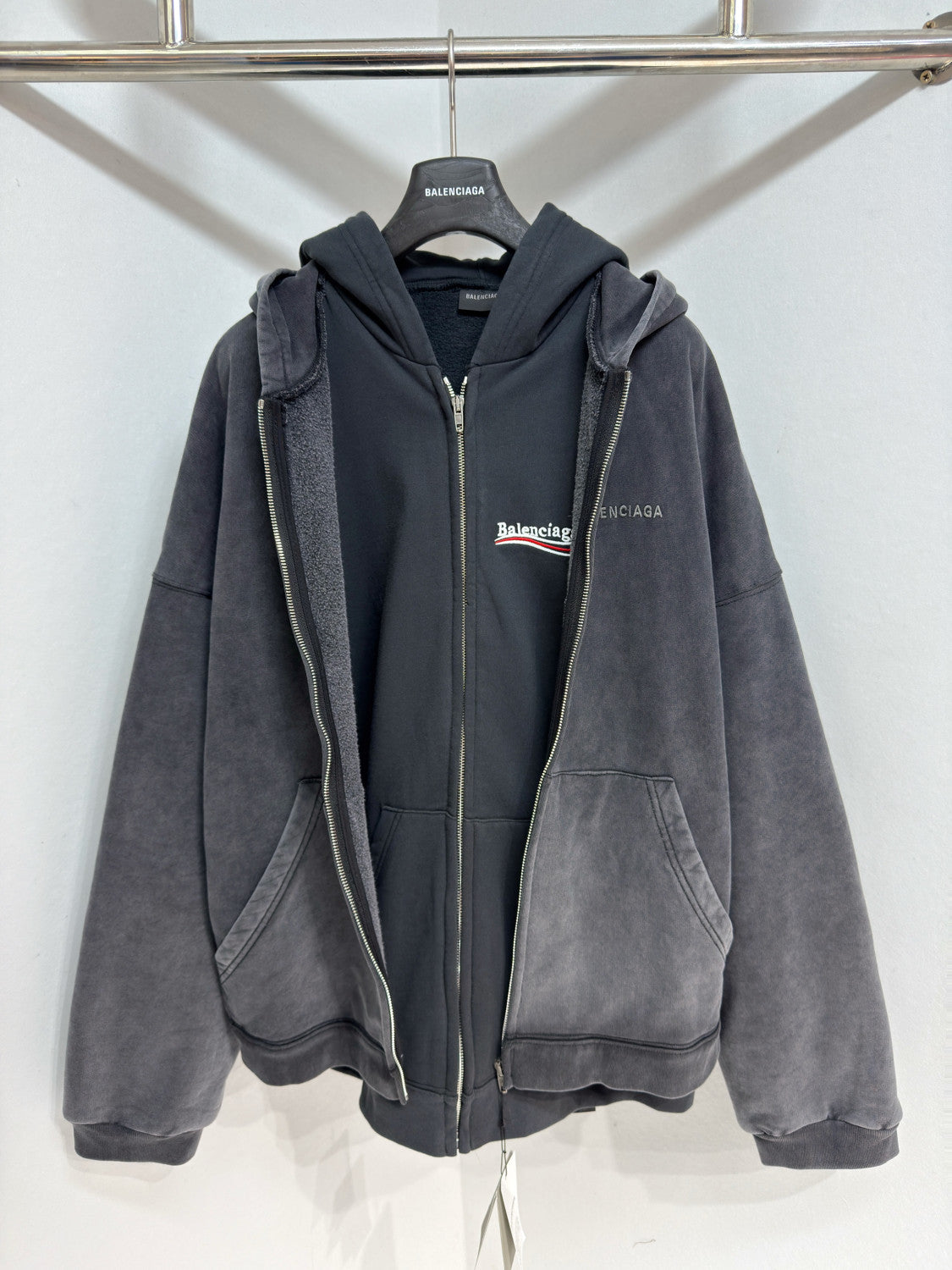Balenciaga Men's Layered Zip-up Hoodie in Faded Black #336823