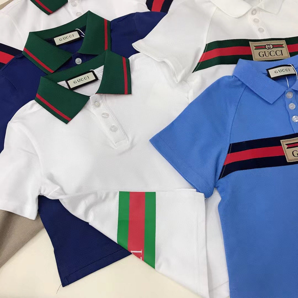 Gucci Kid's Summer Solid Color Striped Cotton Webbing Straight Short Sleeve Fitted Polo Shirt #31274