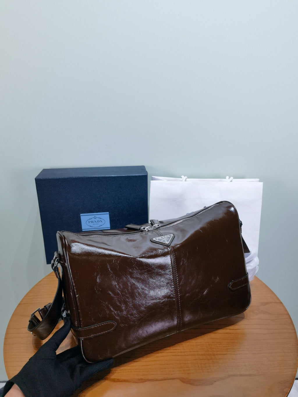 Prada triangular enamel logo nameplate Leather Shoulder Bag #82448A