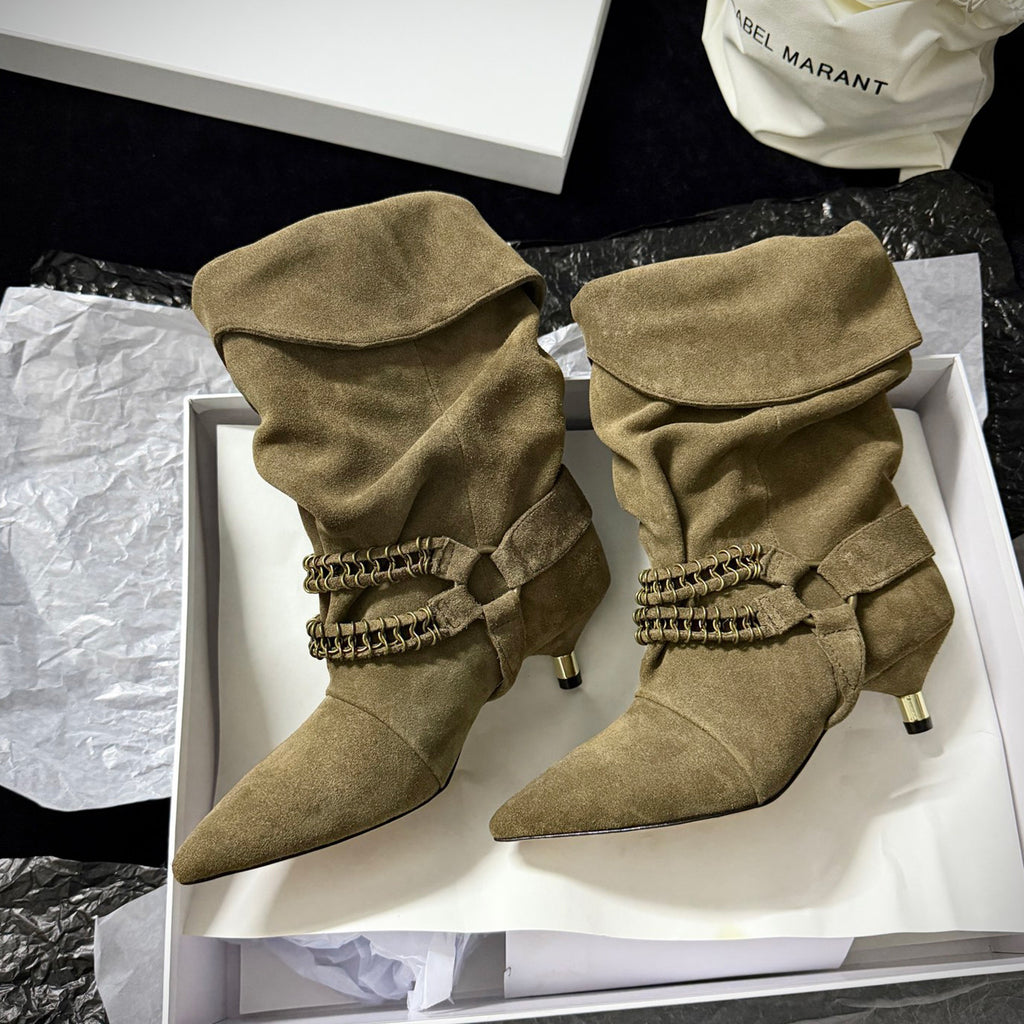 Isabel Marant Women's Autumn and Winter Edrik Leather Boots Solid Color Pointed Toe Pleated Surface Metal Chain Buckle Short Boots Heel 4.5cm Casual Shoes Ngvp #1941