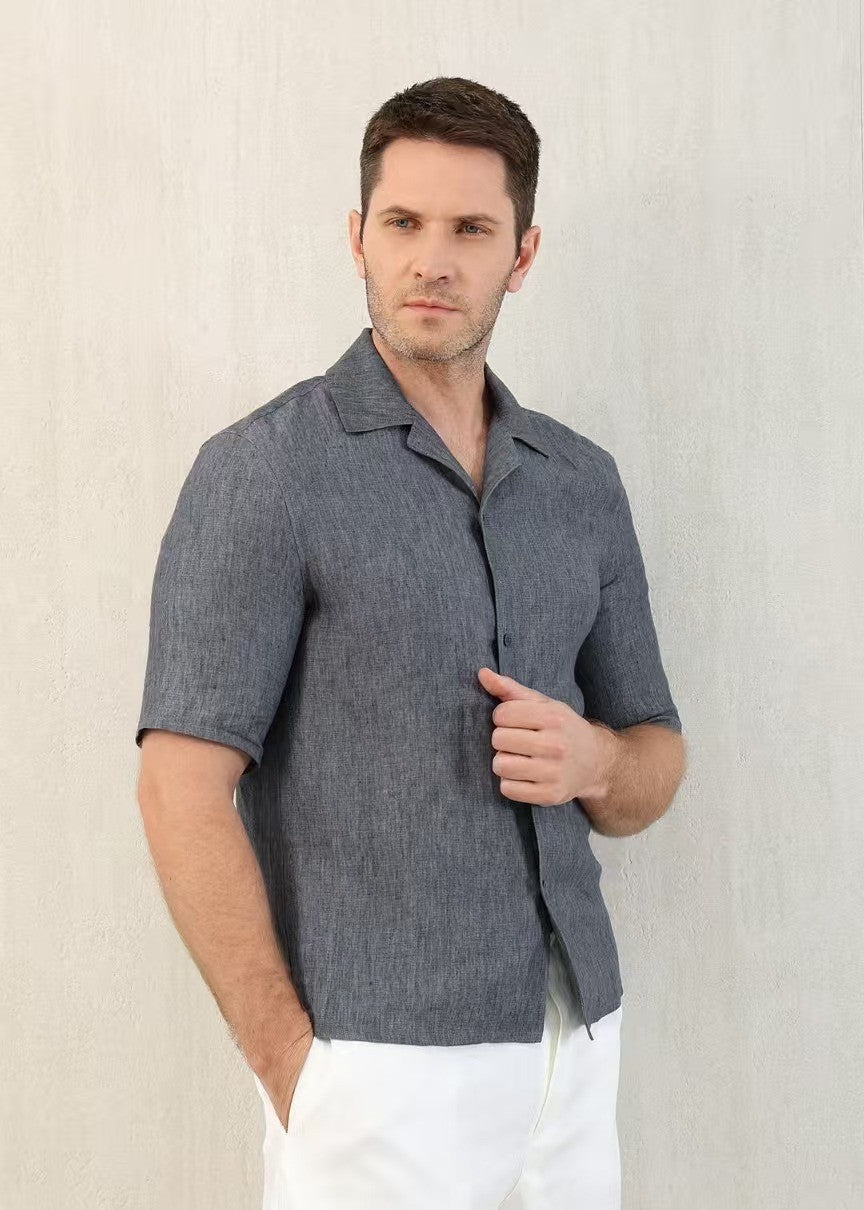 Brunello Cucinelli Men's Linen Loose Summer Single-Breasted Solid Color Lapel Short Sleeve Shirt Ngvp #1454