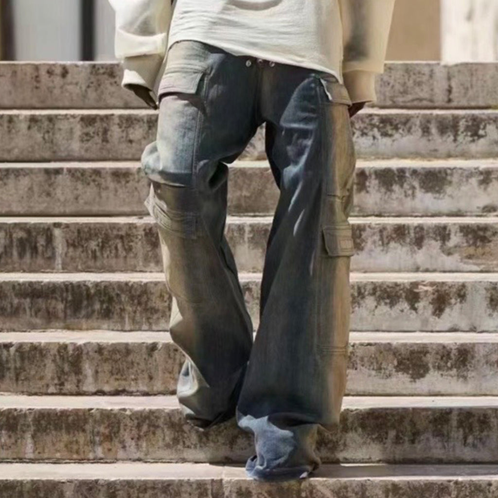 Rick Owens Men's Spring And Summer High Street Trend Gradient Pocket Denim Pants Retro Fashion Trend Loose Pants Ngvp #1743