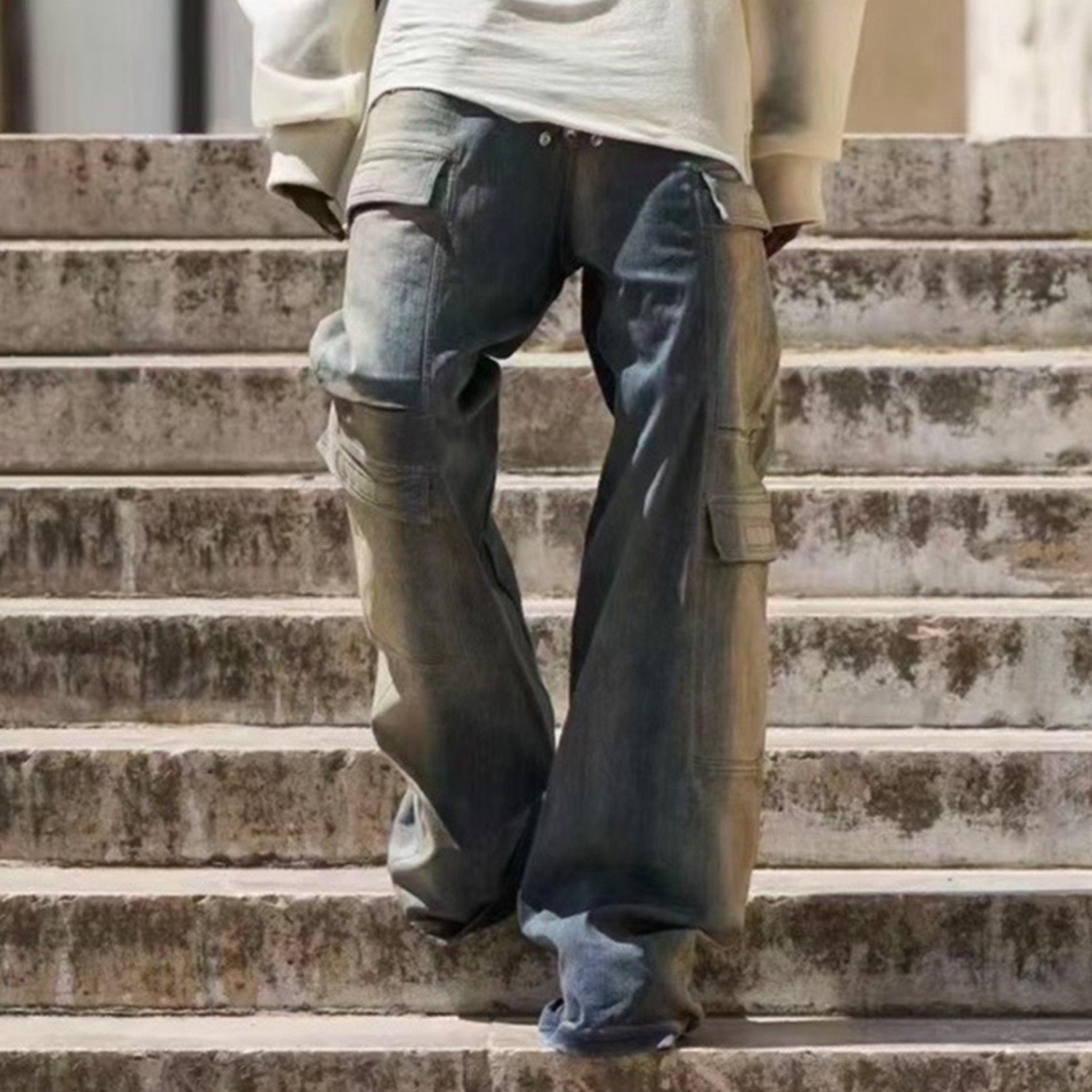 Rick Owens Men's Spring And Summer High Street Trend Gradient Pocket Denim Pants Retro Fashion Trend Loose Pants Ngvp #1743