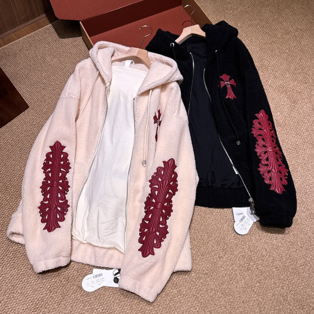 Chrome Women's and Men's Fall/Winter Hearts Polar Fleece Red Leather Cross Coat Embroidered Flowers  #332923